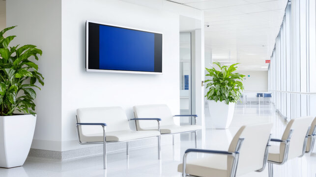 Modern hospital waiting room with digital screen and seating area for patient comfort