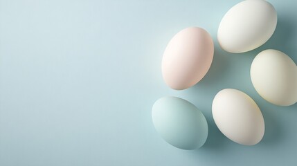 Variety of pastel colored eggs arranged on soft blue background showcasing natural textures and hues in an aesthetically pleasing composition
