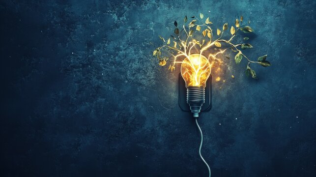 Glowing plug disconnected from a socket with nature symbols flowing out represents energy awareness and preservation for a sustainable future