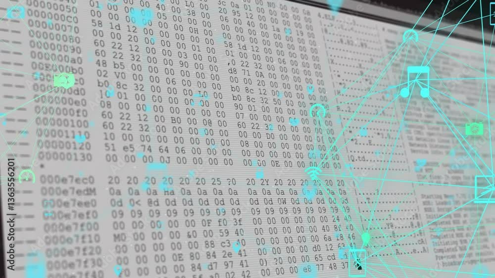 Poster processing hexadecimal data with digital network and animation icons overlay