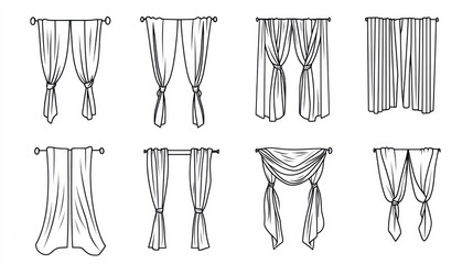 Curtains sets hang in window, different types and styles. For home decor
