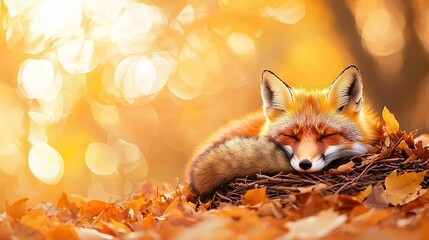 Obraz premium A close-up of a fox on top of a pile of leaves with its face resting on them