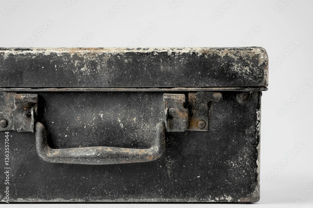 Poster a weathered black metal box with a rusty handle and aged appearance.