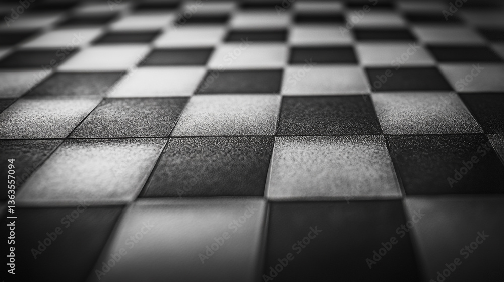 Poster monochrome image showcasing a checkered pattern floor with alternating black and white square tiles