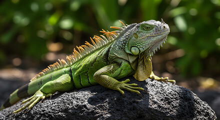 Obraz premium Green iguana basking on a warm volcanic rock in a tropical environment