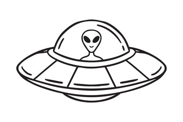 UFO space ship or alien space ship. Futuristic flying space ship doodle hand drawn icon. Outline drawing UFO space ship line clipart symbol