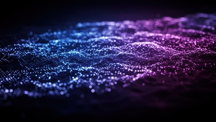 Abstract network of blue and purple glowing dots and lines on a dark background.