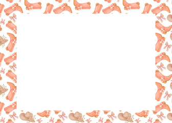 Watercolor illustration of rectangle frame of pair cowgirl boots with a bow in coquette style. Isolated on white background. Wild western