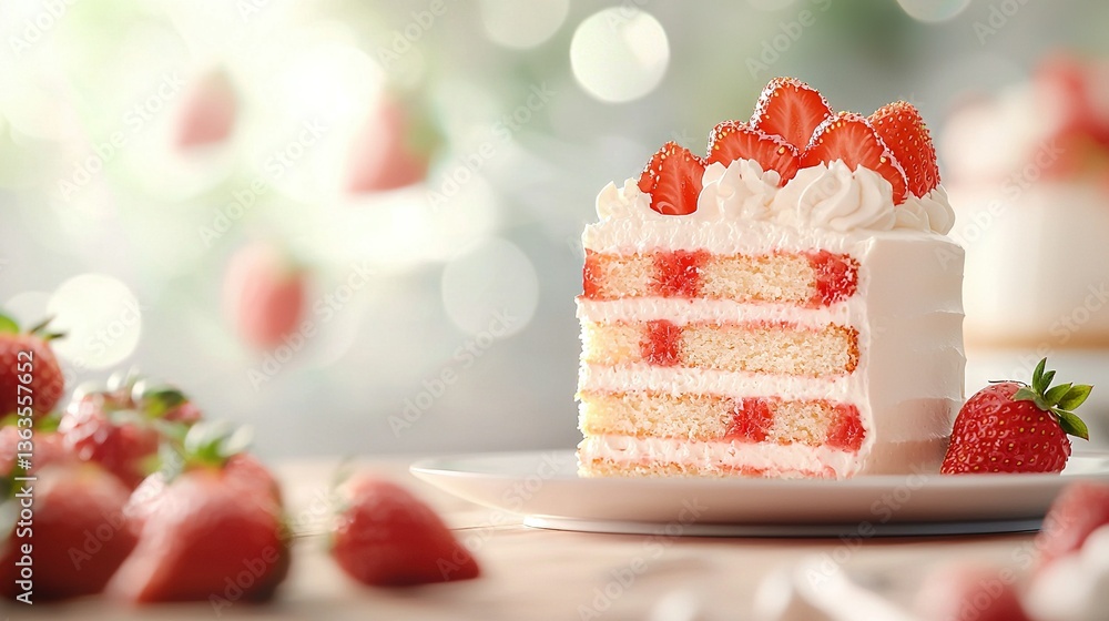 Poster close-up of a cake slice on a plate with strawberries against a hazy backdrop