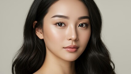 Fototapeta premium Close-up portrait of a beautiful Asian woman with flawless skin and dark hair.