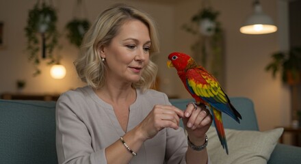 Woman interacts with colorful parrot on couch