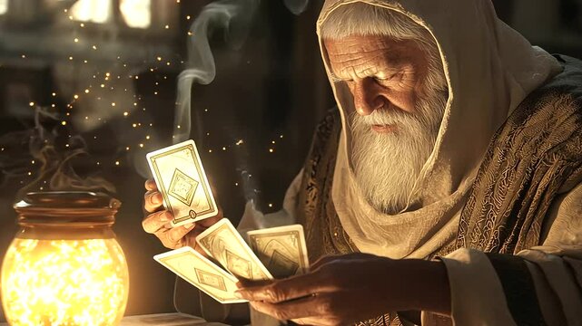 A wizard divining truths with tarot cards in a cluttered cabinet