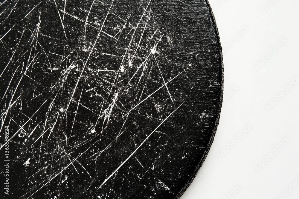 Poster a black surface with numerous white scratches and splatters, creating a textured background.