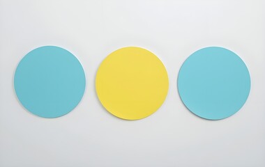 Three blank yellow and blue circular sticky notes, blank yellow circular sticky notes for editing, 3 blank yellow circle shaped sticky notes on transparent background, 3 blank yellow and blue circles
