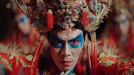 Closeup portrait of a performer in elaborate red and gold costume and theatrical makeup