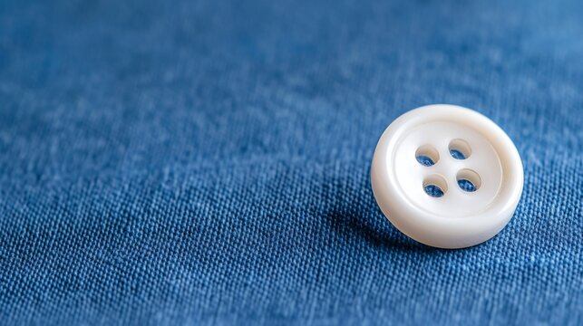 A single, four-hole button placed on a textured blue fabric surface