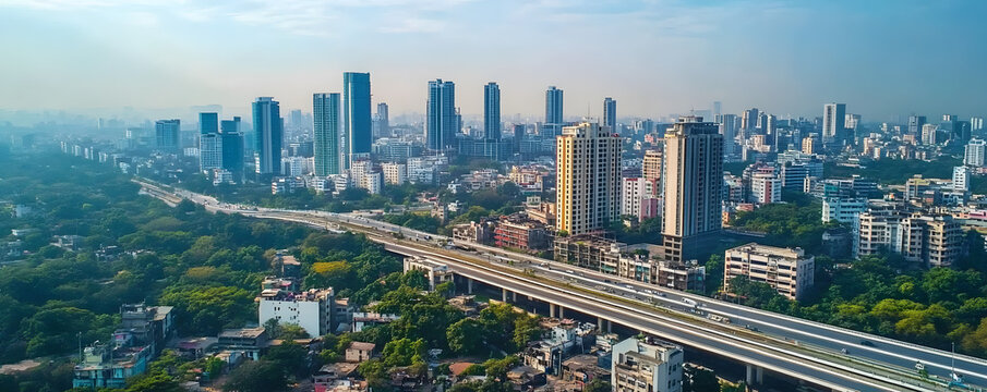 Aerial view of Hyderabad cityscape, hub in India. Modern tall buildings, skyscrapers overpass, dense urban development. Cityscape illustrates India economic growth, urban planning, modern