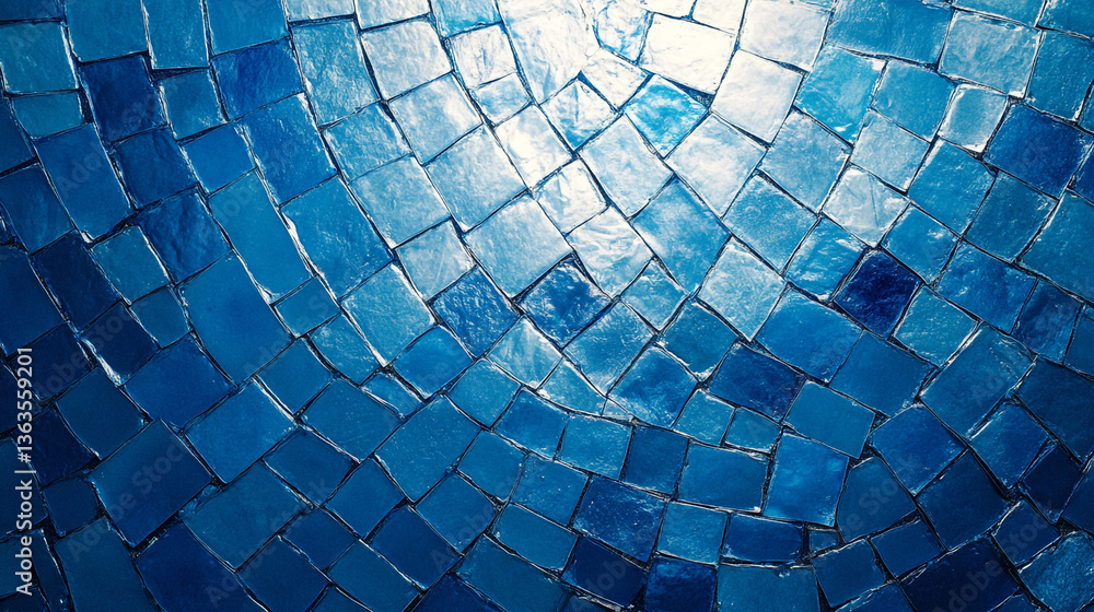 Poster a close up view of a blue mosaic tile pattern with varying shades and a curved surface appearance
