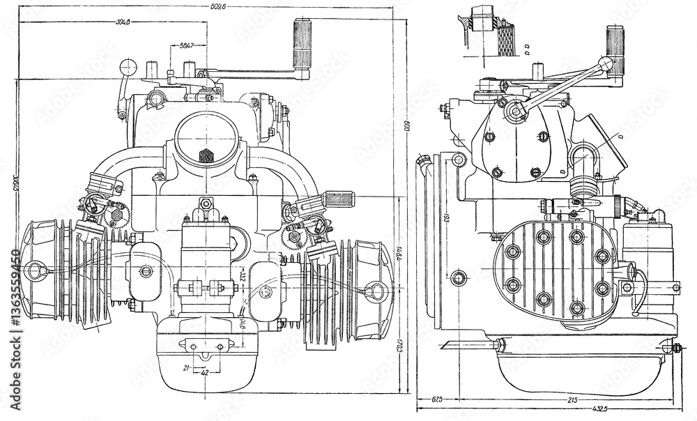 Aufkleber engine with gearbox of motorcycle. engineering mechanical drawing. technical computer cad scheme. te