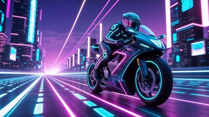 Futuristic Neon Motorcycle Rider in Cyberpunk Cityscape with Sci-Fi Aesthetic