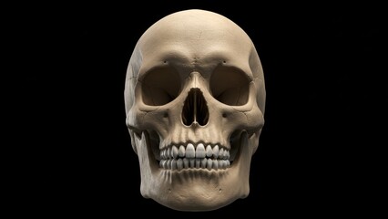 Fototapeta premium Detailed anatomical rendering of a human skull on a black background.