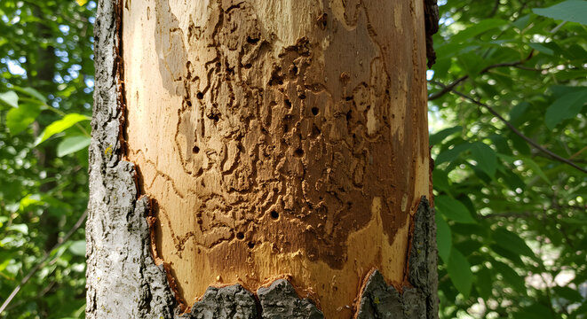 Emerald ash borer devastation: Tree trunk damage displaying larva feeding patterns
