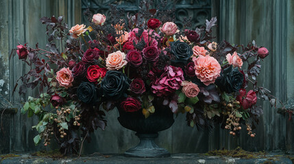 Luxurious Dark and Pastel Rose Arrangement in Vintage Urn, Showcasing Dramatic Floral Design and Color Palette