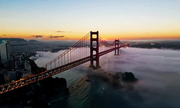 Drone view of the city, bay and big bridge covered with fog at sunset