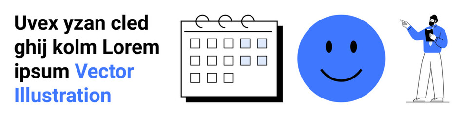 Text block, calendar icon, happy face symbol, and man pointing at content. Ideal for scheduling, productivity, positivity, education, user interface presentation designs simple landing page