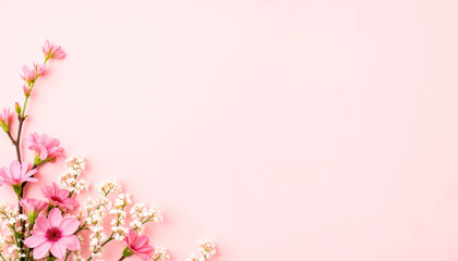 Fototapeta premium Pink flowers arrangement on a pink background . Mother's Day background. Girl Baby Shower template.