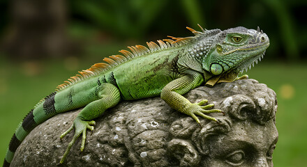 Obraz premium Green iguana basking tranquilly upon a weathered stone statue in natural setting