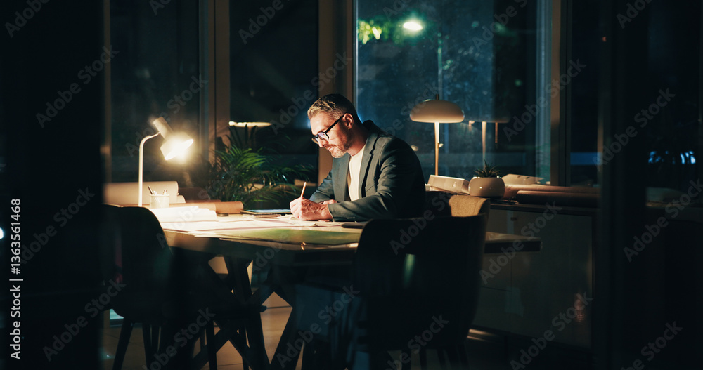 Poster architecture, night and business man in office for urban planning, property design and floorplan. cr