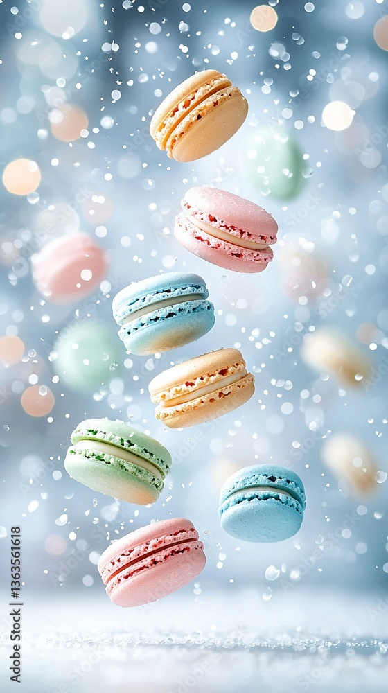 Poster a group of macroons soaring through the sky against a hazy backdrop of other macroons