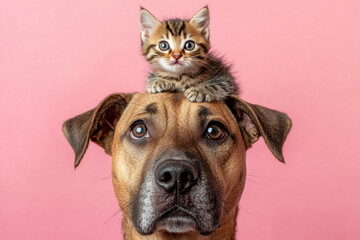 Obraz premium Cute Kitten Sitting on Dog's Head