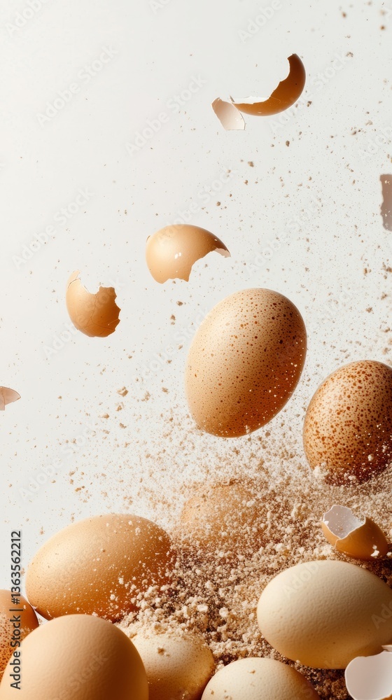 Poster eggs are falling onto a surface, broken shells scattering around and creating an artistic splash eff