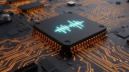 Close up of a circuit board with light signal illustration on a microchip.