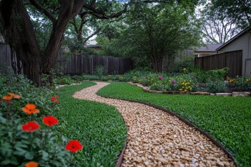 Obraz premium Tranquil backyard path lined with colorful flowers and lush grass Generative AI