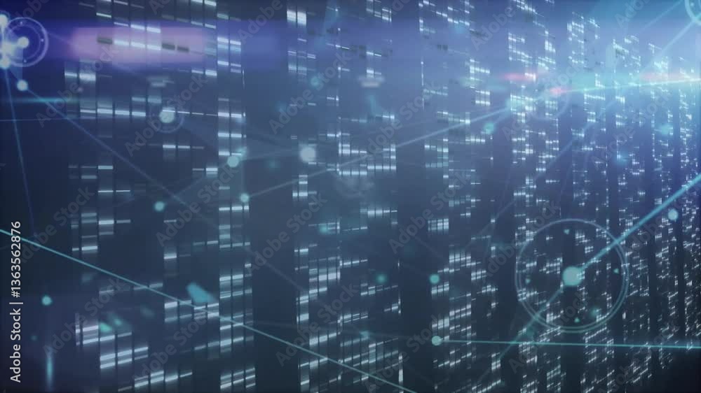 Poster digital network connections and data processing animation over cityscape at night