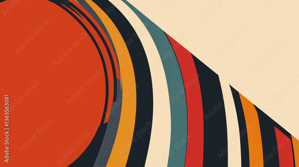 Poster abstract background with curved lines in orange beige red and blue creating a retro design style