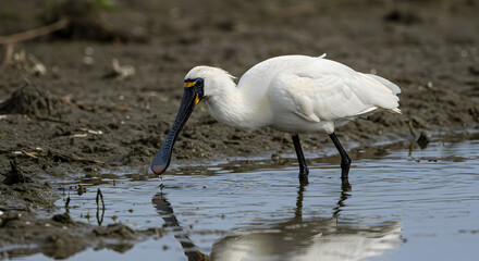 Elegant Black-faced Spoonbill Foraging in Estuary Habitat, a Unique Bird Species