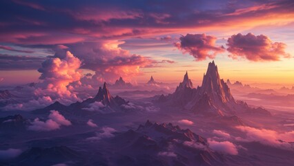 Fototapeta premium Majestic mountain landscape with a vibrant, dreamy sky and ethereal atmosphere.