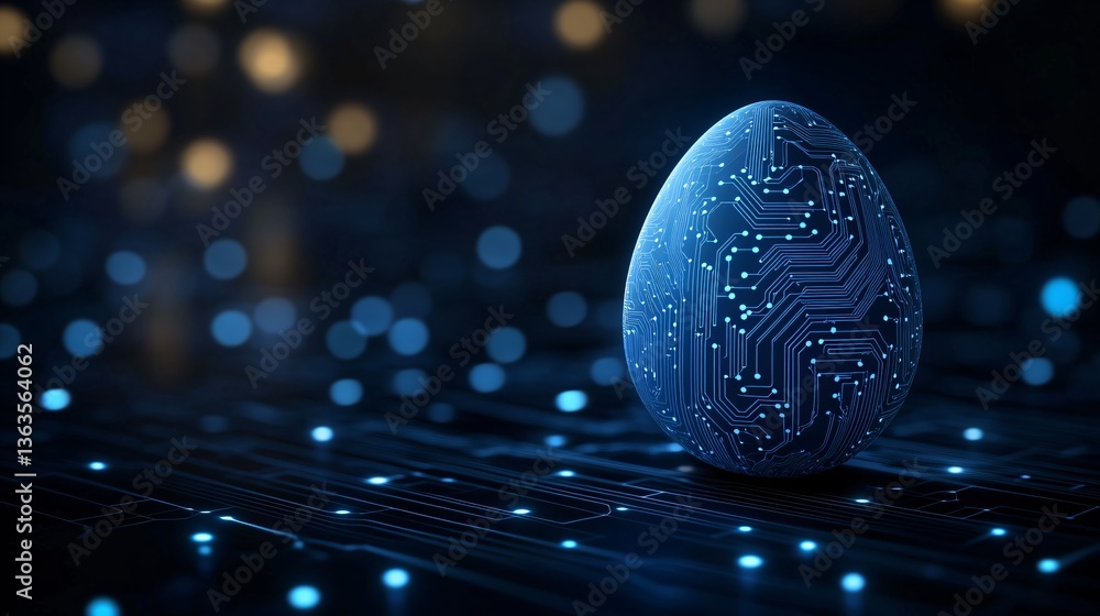 Poster futuristic easter egg with circuit board pattern on dark background with glowing lights. digital tra