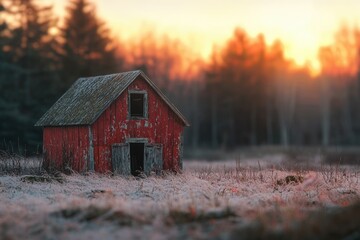 Rustic red barn stands alone in a frosty field at sunrise, bathed in warm golden light.