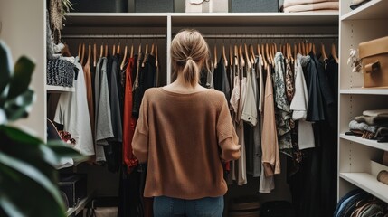 Fototapeta premium Woman standing in front of a large organized clothes closet