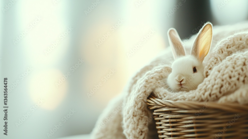Poster a close-up of a stuffed animal in a basket with a blanket covering it and a window visible in the ba