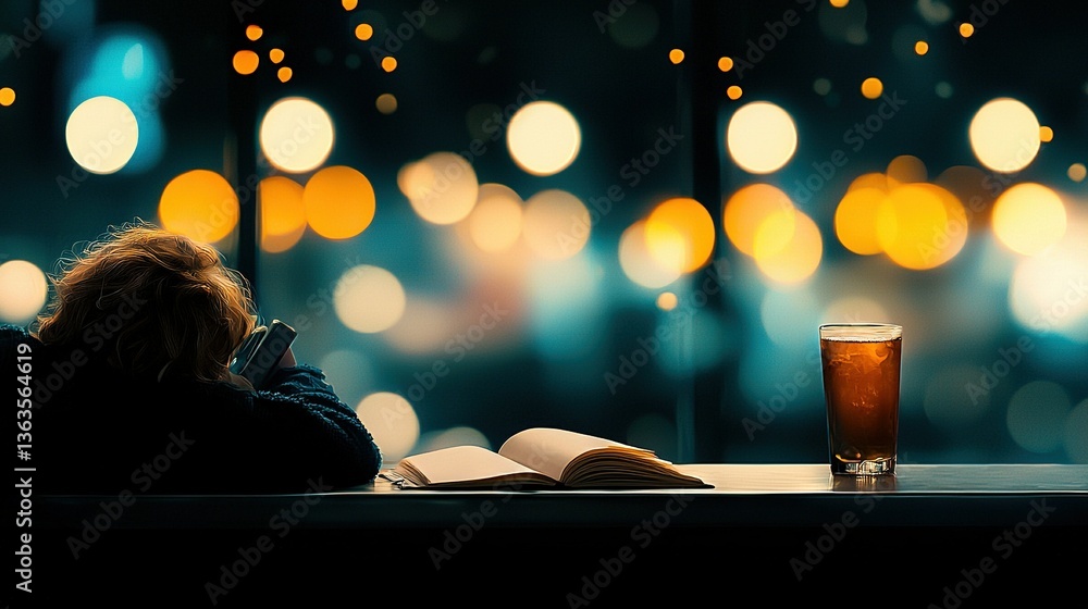 Poster a person sitting at a table with a book and a glass of beer in front of a window with lights illumin