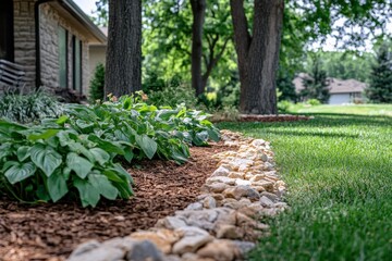Freshly mulched and trimmed garden bed with rocks in a peaceful yard Generative AI