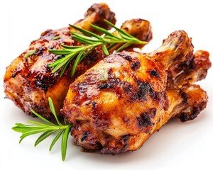Grilled Chicken Legs with Rosemary Sprigs Close-up on a White Background