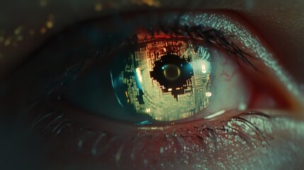 Digital Surveillance: Extreme Close-Up of Robotic or Bionic Eye with Advanced Circuitry