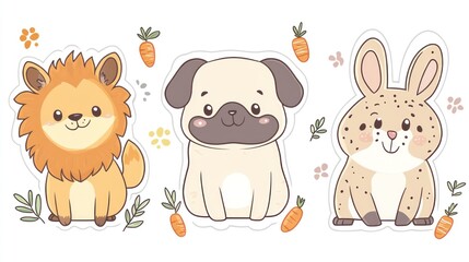 Fototapeta premium Cute lion, pug, and bunny stickers; children's design